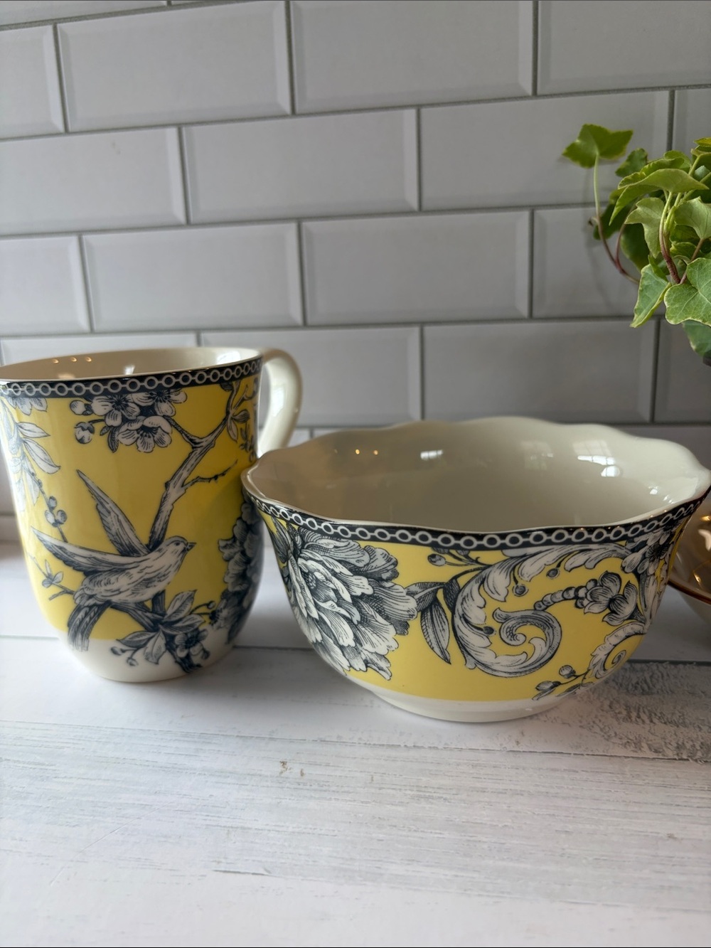 222 Fifth Yellow and Blue Bird Floral Porcelain Mug & Scalloped Bowl